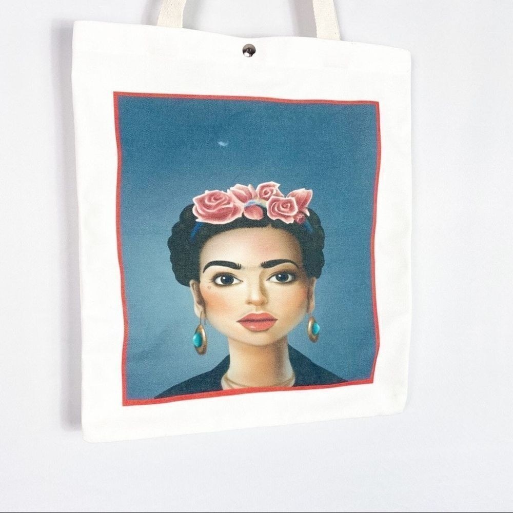Frida Kahlo‎ White Canvas Graphic Tote Shoulder Bag 13" x 15" Snap Closure